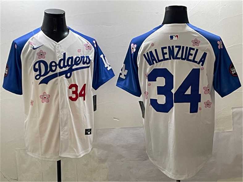 Men%27s Los Angeles Dodgers #34 Fernando Valenzuela White Royal 2025 Tokyo Series Limited Stitched Jersey